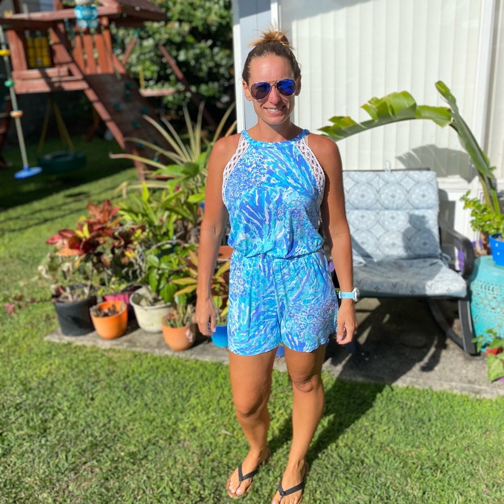 Lilly Pulitzer Layla halter romper hey hey soleil blue size small